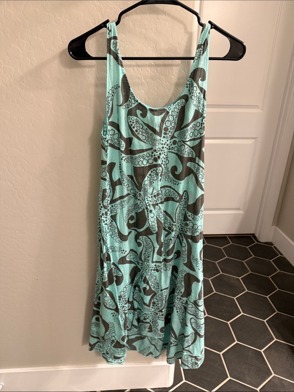 Sleeveless Aqua Swim Coverup with Brown Octopus Print